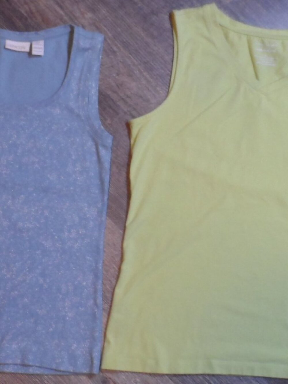 Two Sleeveless Tops Chicos Shimmer-Blue & Chris Banks Light Green Sz Small